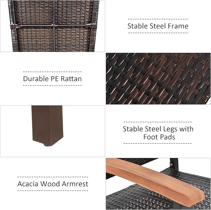 Tangkula 6 Pieces Wicker Patio Dining Set, Patiojoy Outdoor Dining Furniture w/ 1 Acacia Wood Tabletop Dining Table, 4 Stackable Chairs & 1 Rattan Bench, Backyard Garden Steel Frame Conversation Set