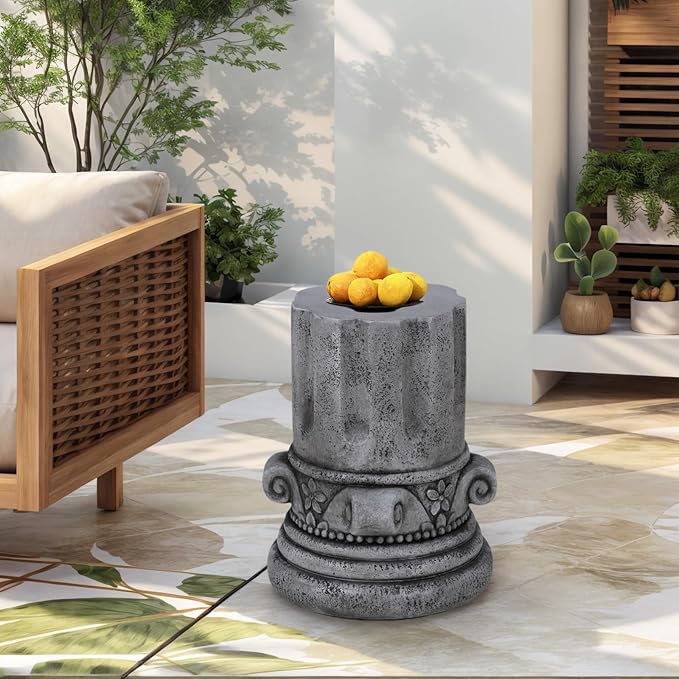 Modern Cement Tree Stump Stool Table, Faux Stone Round Outdoor Side Table for Patio & Garden, Indoor and Outdoor Accent Furniture, Antique Grey