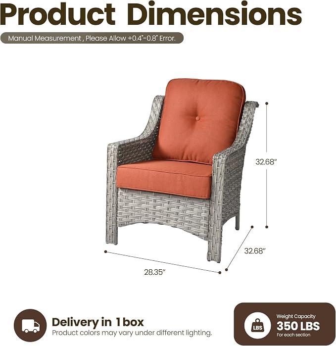 2 Piece Patio Furniture Set, Outdoor Wicker Chairs Set of 2 with Thick Cushion, Heavy Duty High Back Comfortable Chair for Small Balcony Porch Garden, Bold Orange