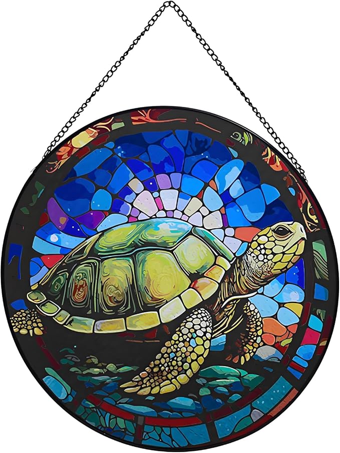 Hanging Stained Glass for Windows,20cm/7.87 inch Turtle Hand-Painted Glass Panel Window Hanging Suncatchers Christmas Ornaments Home Courtyard Decor,Housewarming Gift (Style A)