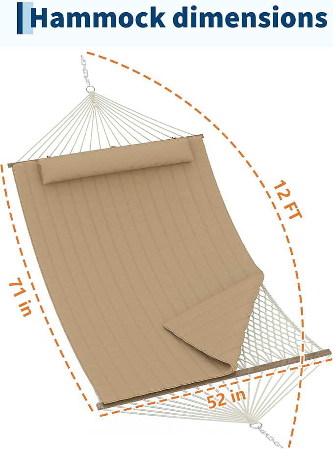 2 Person 12FT Hammocks for Outside, Double Quilted Fabric Outdoor Hammock with Spreader Bar, Large Removable Pillow, Storage Pockets, Carabiners, Max 450 Lbs Capacity