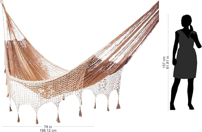NOVICA Metallic Copper Brown Hand Woven Nylon Mayan Matrimonial Family Size XXL Rope Hammock with Crochet Fringe, 'Copper Filigree' (Triple)