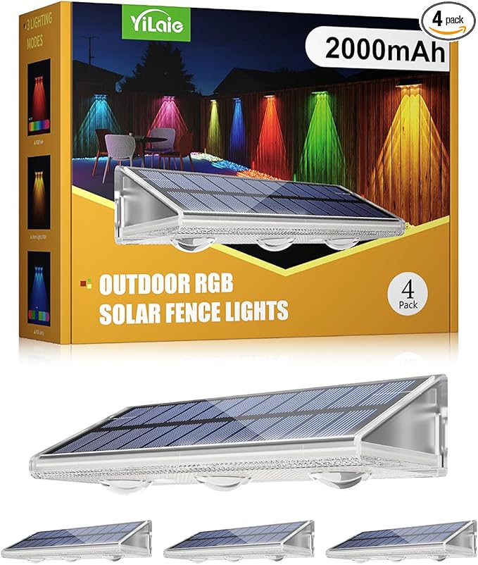 YiLaie Solar Fence Lights Outdoor - Warm White & RGB 6 Color, Solar Lights Outdoor IP67 Waterproof, Garden Lights for Outside/Backyard/Railing/Step/Patio/Wall (4 Pack)