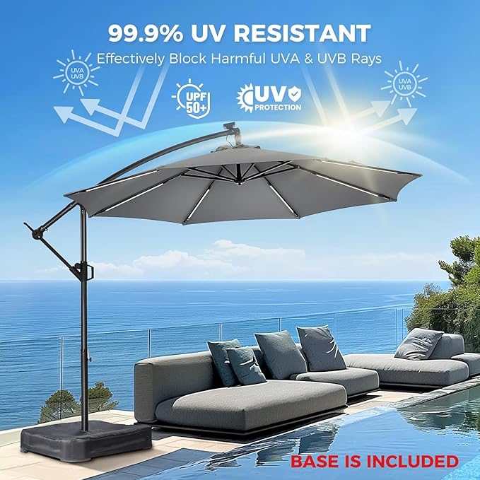 HOMSHADE 10 ft Offset Patio Umbrella with Solar Lights, LED Lighted Umbrella Outdoor Patio with Base Included, Heavy Duty Hanging Cantilever Umbrellas for Pool Deck with UV Protection&Easy Tilt, Grey