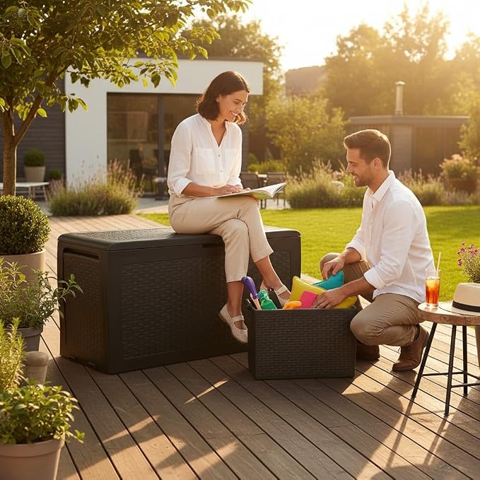 Large Resin Deck Box, 70 Gal Outdoor Storage, Rattan Style, Lockable with Wheels, (Grey, 46" L x 22.4" W x 17.7" H)