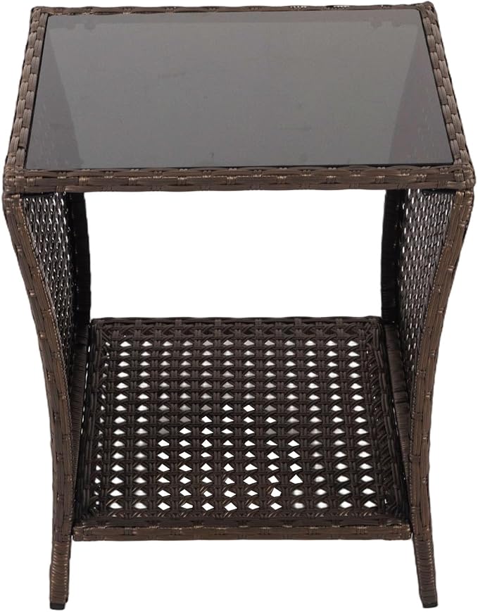 Kinfant Outdoor Wicker Side Table with Tempered Glass Top, 17.7" Square Patio End Table with Storage Shelf, Weather-Resistant Rattan Table for Balcony, Porch, Deck, Garden, Easy Assembly, Black Gold