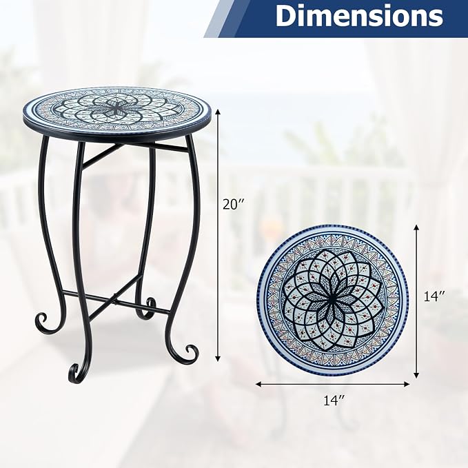 Giantex Outdoor Side Table, Blooming Lotus Mosaic Patio Accent Table, 14" Coffee End Table, Indoor Outdoor Metal Plant Stand for Porch Garden Balcony Desk