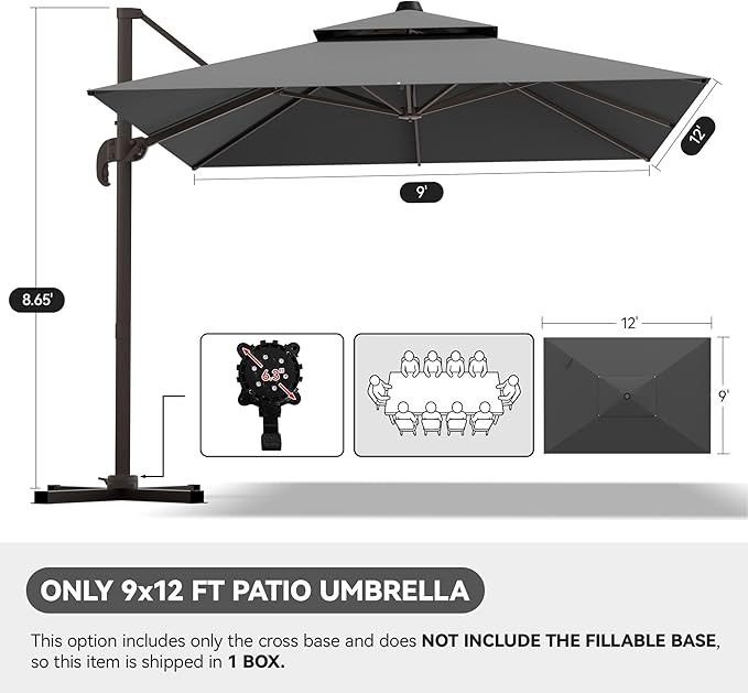 GENTEACO 9x12FT Cantilever Patio Umbrella, Double Top Rectangle Offset Umbrella 7 Angle Tilts & 360° Rotation, Large Heavy Duty Outdoor Sun Umbrella for Pool Market, Grey