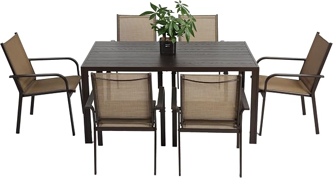 GDFStudio 7-Piece Patio Dining Set, Outdoor Table with 6 Stackable Chairs, Rectangular Metal Dining Table, Breathable Textilene Seating for Backyard, Deck, Garden & Outdoor Entertaining, Brown