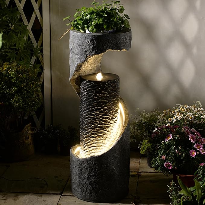 Tankana 35.5" H Water Fountain with Planter, Modern Spiral Waterfall for Outdoor and Indoor, Bubbling Garden Fountain with LED Light for Patio, Deck, and Living Room Corner