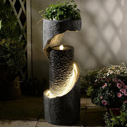 Tankana 35.5" H Water Fountain with Planter, Modern Spiral Waterfall for Outdoor and Indoor, Bubbling Garden Fountain with LED Light for Patio, Deck, and Living Room Corner