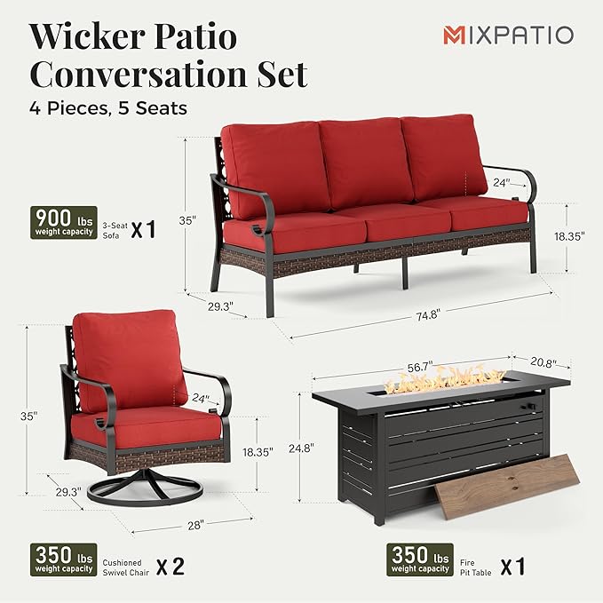 Patio Furniture Set with Firepit Table, Black Frame Outdoor Conversation Set with 2 x Swivel Chairs, 1 x 3-Seat Sofa for Lawn Garden Backyard, Red