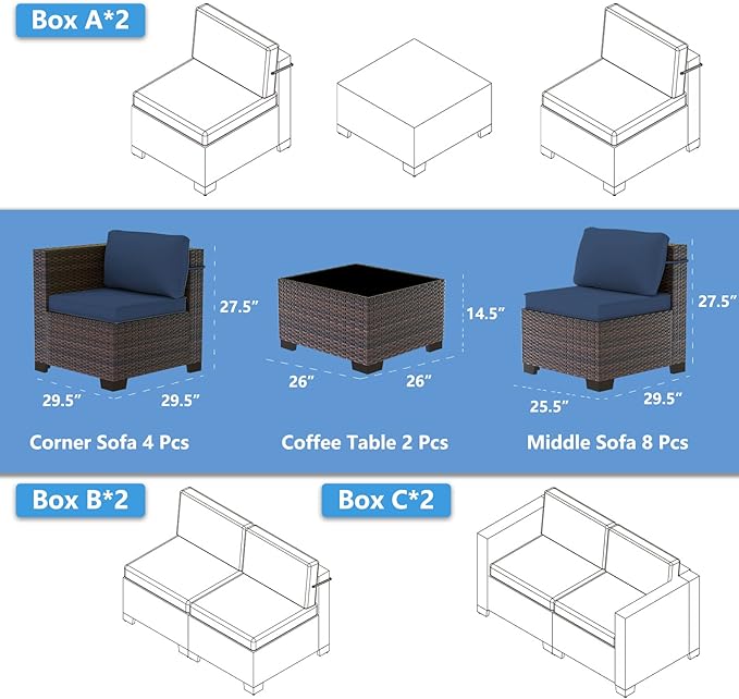 Outdoor Patio Furniture Set, 14 Pieces Outdoor Sectional Furniture Patio Sofa, All-Weather PE Rattan Patio Conversation Set with Tempered Glass Top Table & Cushions(Dark Blue).