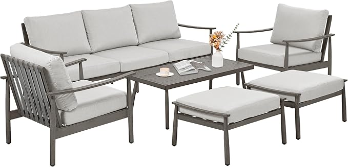 6 Pieces Aluminum Outdoor Patio Furniture Sets with Coffee Table, Cushioned 3-Seat Couch and Armchairs with Ottomans, All Weather Conversation Set for Yard Proch Deck, Greige & Grey