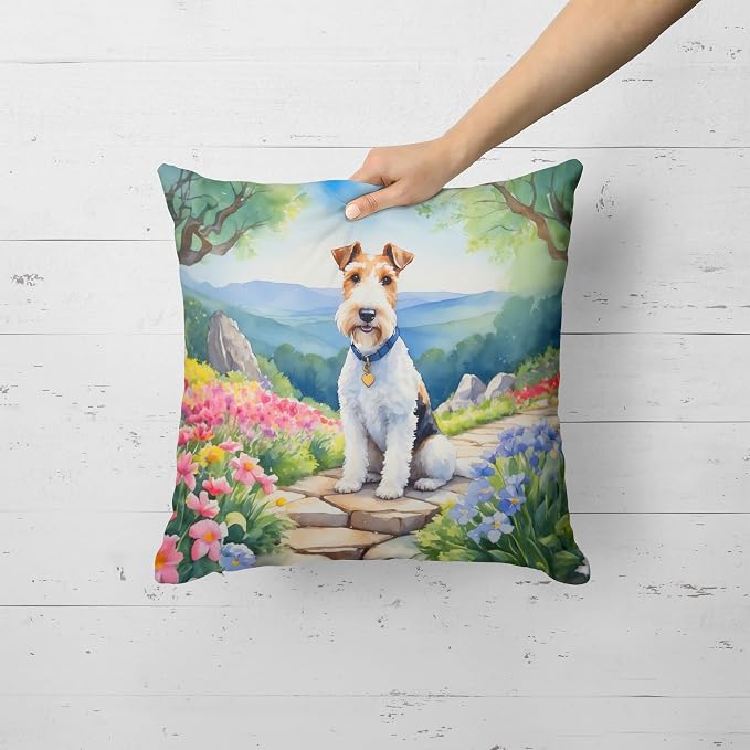 Caroline's Treasures Fox Terrier Spring Path Throw Pillow Machine Washable, Indoor Outdoor Decorative Pillow for Couch, Bed or Patio, 18Hx18W