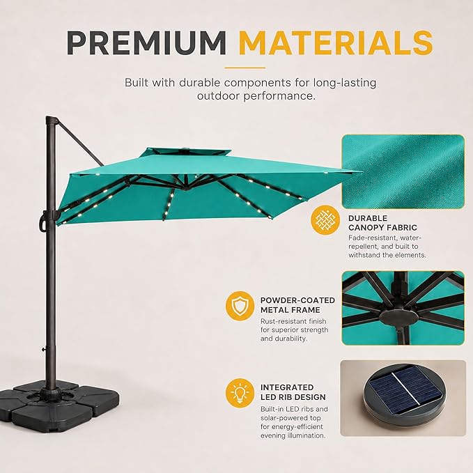10FT Cantilever Patio Umbrella with Solar Lights, Large Outdoor 2 Tier Aluminum Offset Square Umbrellas 360 Degree Rotation for Garden Deck Pool