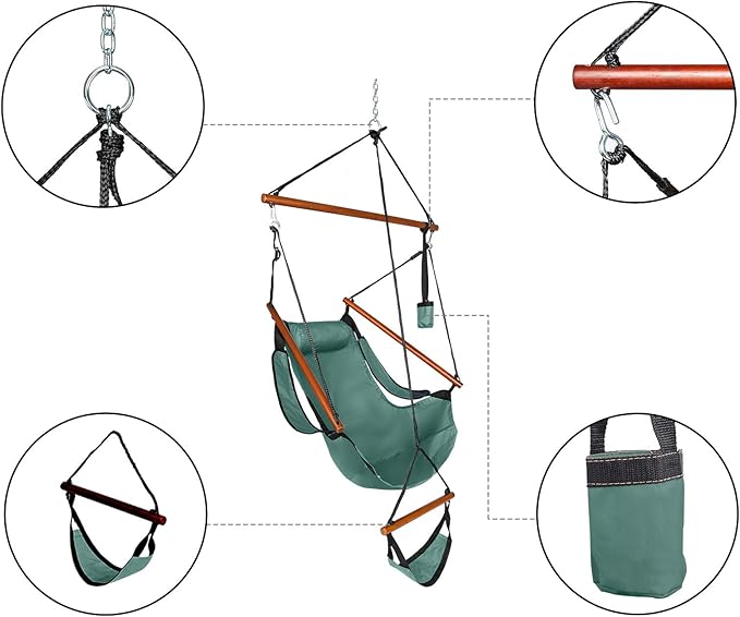 Hammock Hanging Sky Chair with Footrest, Folding Camping Air Deluxe Swing Seat with Rope, Heavy Duty Foldable Rocker with Cup Holder for Outdoor Beach Patio Sport Lawn (Green)