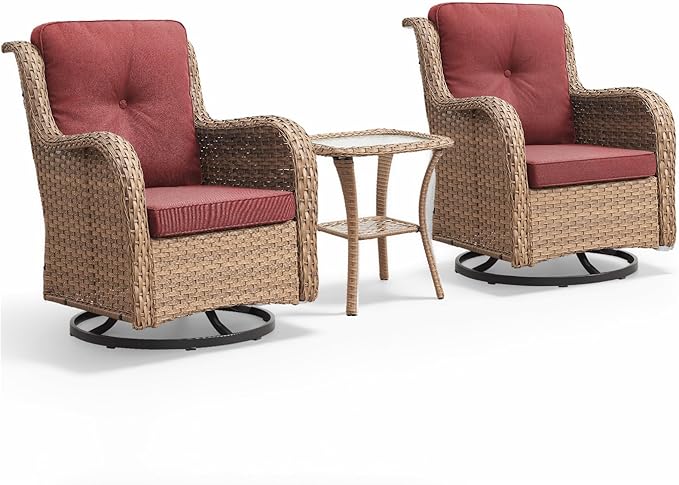 Outdoor Swivel Rocker Patio Chairs-Wicker Patio Swivel Chairs Set of 2 with Side Table PE Rattan Patio Furniture Set for Porch Deck Balcony Garden-Yellow/Red