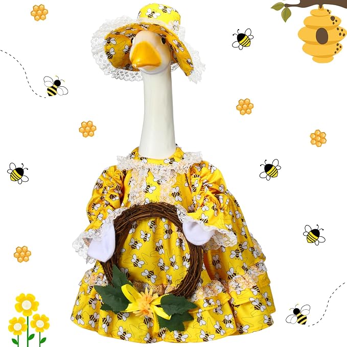 Soulchen 1 Set Summer Bee Porch Goose Outfit with Wreath 23 Inch Cement Goose Clothes Dress and Hat Costume Set for Spring Summer Holiday Lawn Garden Yard Decor