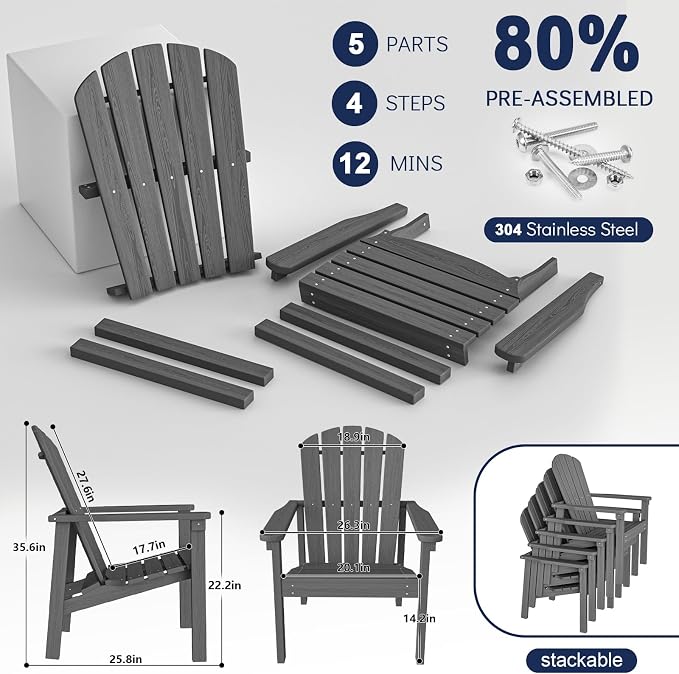 nevilywood Compact Stackable Adirondack Chairs Set of 4,HDPE,380lbs,Grey | 26.3" Wide HDPE.All-Weather Outdoor.Maintenance-Free.Stackable for Storage.25°Curved Straight Backrest.Quick Assembly