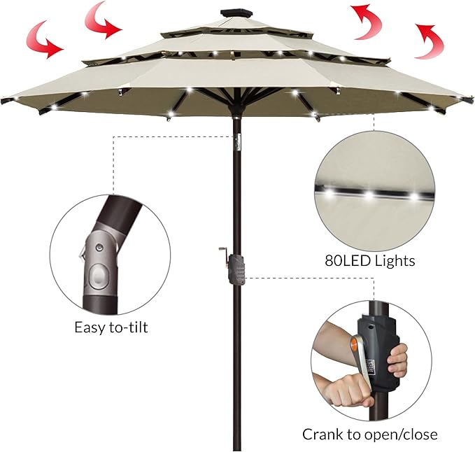 EliteShade USA 10-Year-Non-Fading 9ft 3-Tier Market Patio Umbrella, Commercial Table Umbrella with 80 Solar LED Lights, Crank Open, Windproof & UPF 50+ UV Protection for Garden, Deck, Pool, Backyard, Antique Beige