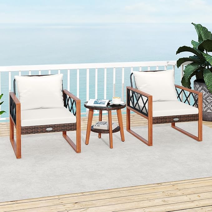 Tangkula 3 Pieces Patio Wicker Furniture Set with Acacia Wood Frame, Outdoor Conversation Cushioned Chairs and 2-Tier Tempered Glass Coffee Table for Porch, Balcony, Garden and Backyard (Off White)