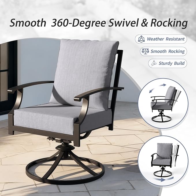 Kullavik 7 Pieces Outdoor Dining Set,Patio Dining Table and Chairs Set for 6,Fence Pattern Back Chairs with Thickened Cushions & X-Frame Metal Dining Table with Umbrella Hole for Patio,Grey