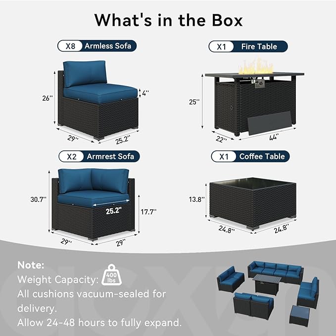 LazySunsets 12 Piece Outdoor Patio Furniture Set with 44'' Fire Pit Table, Outdoor Patio Furniture Sets with Waterproof Cover, Wicker Outdoor Conversation Set for Backyard & Garden, Peacock Blue