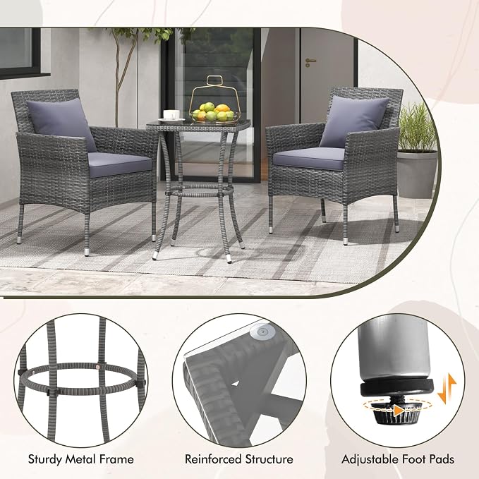 DORTALA Wicker Patio Furniture Set 3 Piece, Small Outdoor Table & Chairs with Tempered Glass Tabletop, Cushions, Rattan Conversation Bistro Set for Balcony, Porch, Backyard, Deck, Mix Gray+Gray