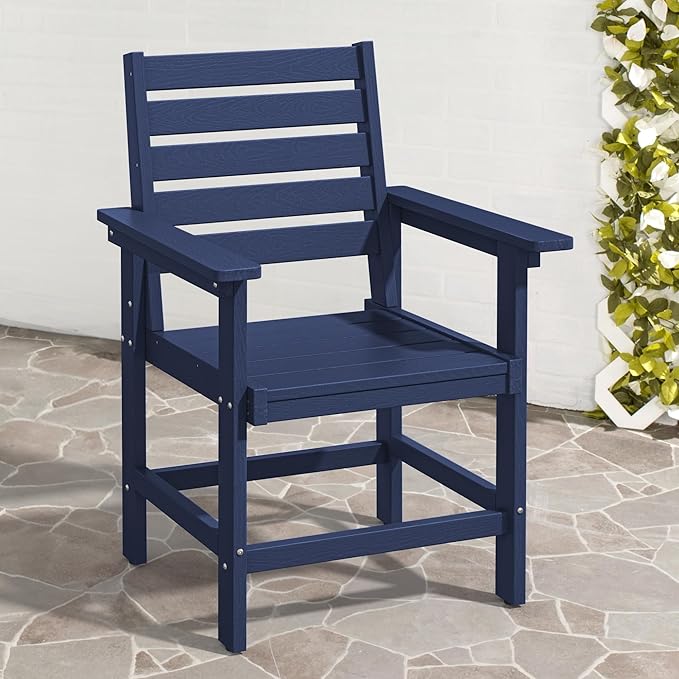 HDPE Outdoor Dining Chair, Weather Resistant Heavy Duty Patio Chair with Armrest, 17.5" Seat Height 300LBS Support for Backyard Deck Porch Balcony, Navy