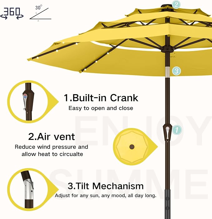 Kingdura 9ft 3-Tier Patio Umbrella with Solar Lights, Table Umbrella Outdoor Patio with Easy Crank & Tilt, 8 Sturdy Ribs, UV Protection, 32 LED Lights for Deck, Poolside, Market (Yellow)