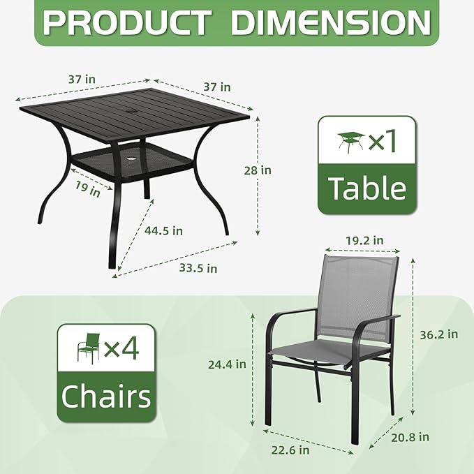 Incbruce 5 Pieces Patio Dining Set, Outdoor Dining Set of 4 Textilene Chairs and Square Table with Umbrella Hole for Backyard, Garden, and Poolside (Grey)
