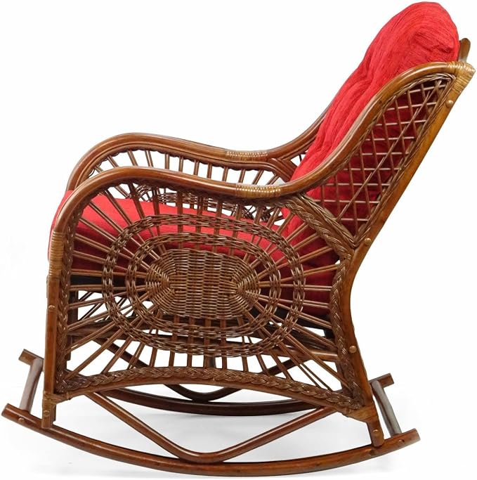 Malibu Handmade Natural Rattan Living Room Set of 2 Rocking Lounge Chairs and Round Coffee Table with Glass, Colonial Color, Red Cushions