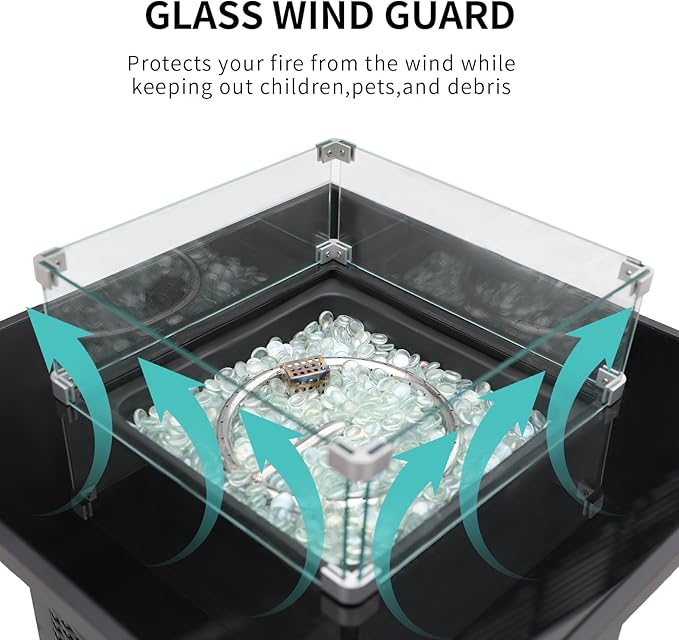 Propane Outdoor Fire Pit Table, 28" Rattan Square Fire Pit Table, Outdoor Gas FirePit W/Glass Wind Guard, Fire Pit Table top With Lid, CSA Listed, 50,000 BTU, Outside Patio Deck & Garden, Black