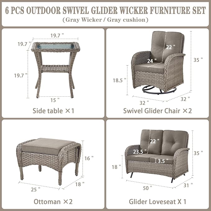 Belord 6 Pieces Wicker Patio Conversation Sets with Outdoor Swivel Rocker Chairs and Loveseat Glider Chair, All-Weather Rattan Furniture Set for Deck Patio Sunroom Backyard