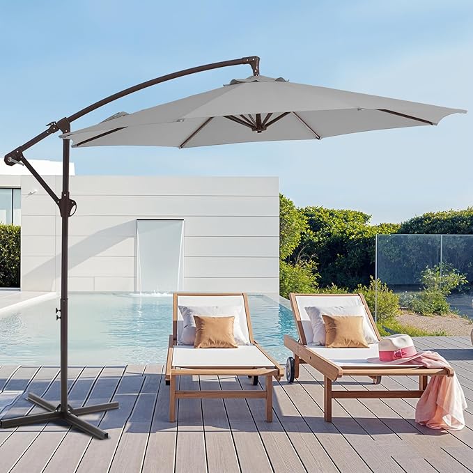 10FT Patio Umbrella, Outdoor Offset Cantilever Umbrella with Sturdy 8 Ribs, Easy Tilt Adjustment for Backyard Pool Garden,Light Gray