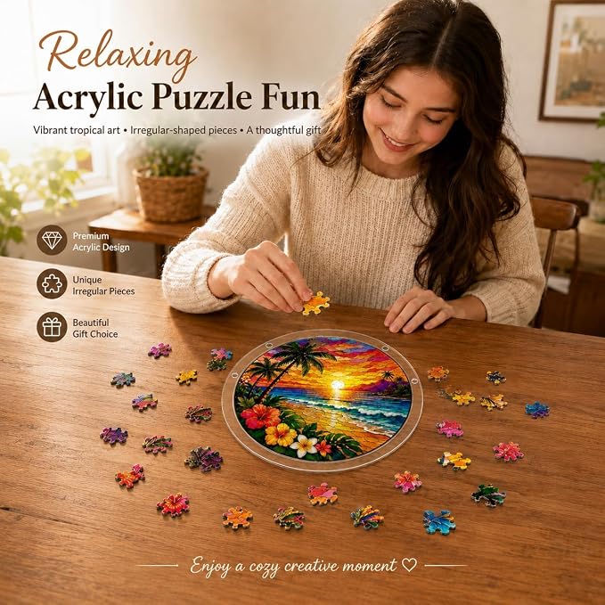 Acrylic Suncatcher Jigsaw Puzzle, Tropical Beach Sunset Stained Glass Style Sun Catcher Puzzle for Adults, Window Wall Hanging Decor, Palm Trees Ocean Wave DIY Craft Puzzles Gift Women