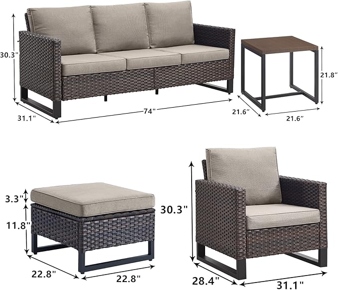 Rilyson Wicker Outdoor Patio Furniture Set - 6 Piece Patio Conversation Set with 2 Armrest Chairs,2 Rattan Ottoman,1 Couch and 1 Metal Side Table for Outside Porch Deck Backyard(Brown/Grey)