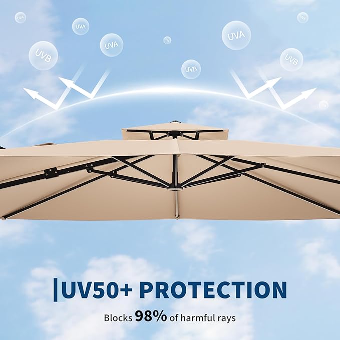 10x10 ft Square Outdoor Umbrella, Cantilever Patio Umbrella with 360° Rotation & Adjustable Height, Heavy Duty Aluminum Umbrella Outdoor Patio for Garden Poolside,Khaki (Base Not Included)