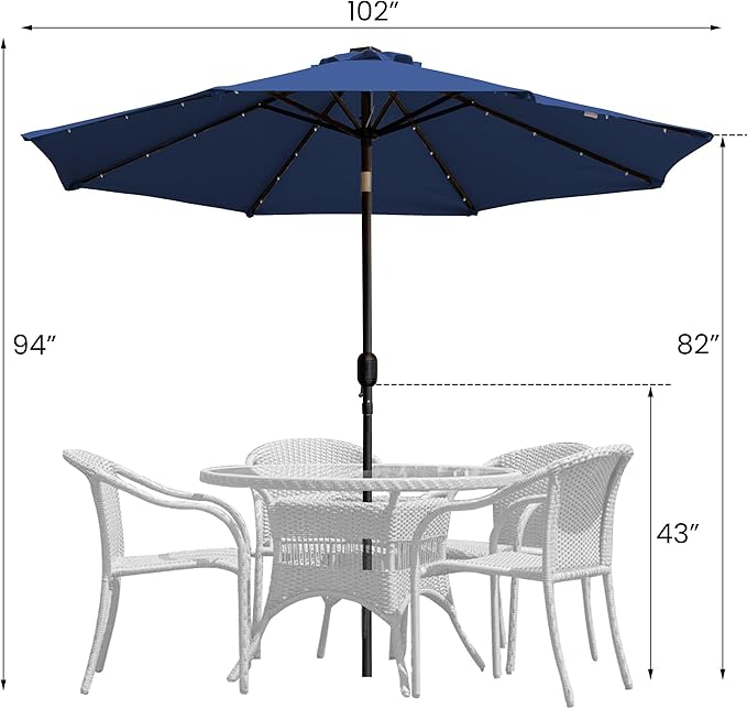 9' Round Patio Umbrella with 32 Solar Powered LED Lights, Push-Button Tilt and Hand Crank Lift, Solar Umbrella in Navy for Porch, Deck, and Patio by Sun-Ray