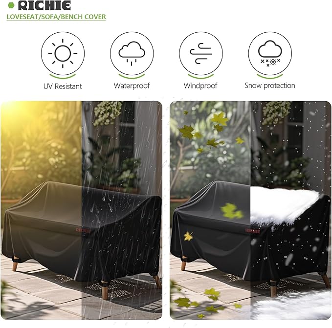 RICHIE Patio Loveseat Cover -Waterproof Outdoor 2-Seater Sofa Cover with Air Vent, UV Resistant Patio Furniture Covers for 62"W*30"D*31"H Loveseats (Black)