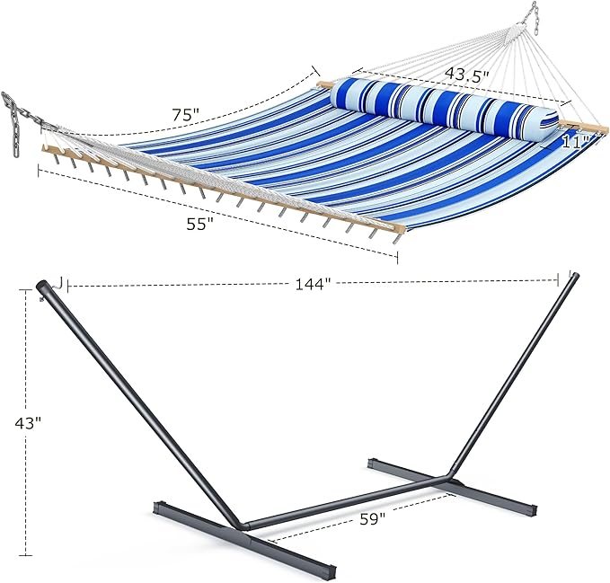 Double Hammock with Stand, Heavy Duty Outdoor Hammock for Two, 500 LBS Capacity, Stable Steel Frame with Balance Strap, Easy Tool-Free Assembly for Patio, Garden, Backyard & Beach,Blue