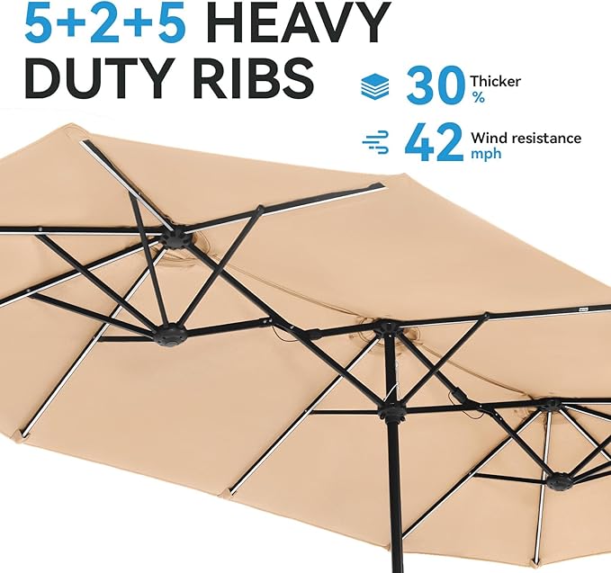 GREEN PARTY 13ft Outdoor Patio Umbrella with Solar Lights, 120 LED 12-Mode Large Double Sided Rectangular Table Umbrella, Heavy Duty Triple-Head Shade for Backyard Deck & Poolside, Beige (No Base)