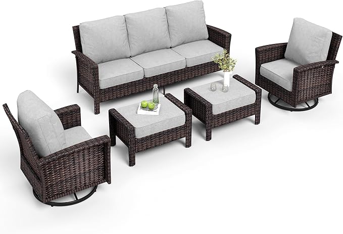 5-Piece Wicker Patio Furniture Set with Swivel Chairs, High Back Outdoor Furniture with 5.5-inch Thick Cushion and Ottoman, All-Weather Wicker Patio Conversation Set for Deck Yard Pool, Grey