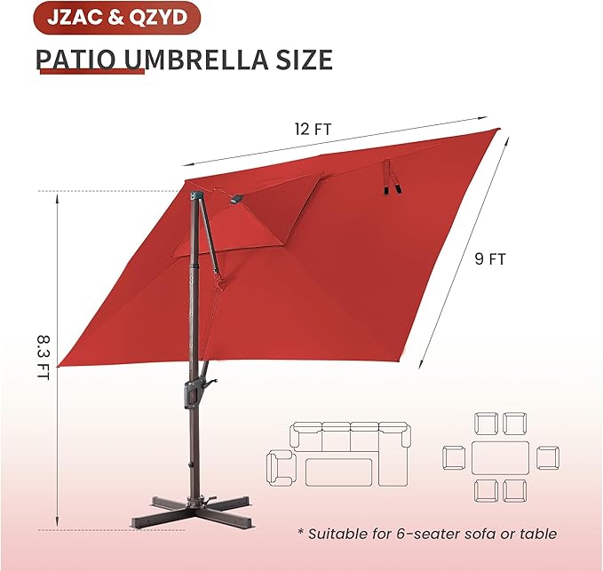 JZAC & QZYD 9x12 FT Outdoor Cantilever Patio Umbrella with LED Lights, Large Heavy Duty 2-Tier Aluminum Offset Umbrellas with 360-Degree Rotation for Pool Deck, Red