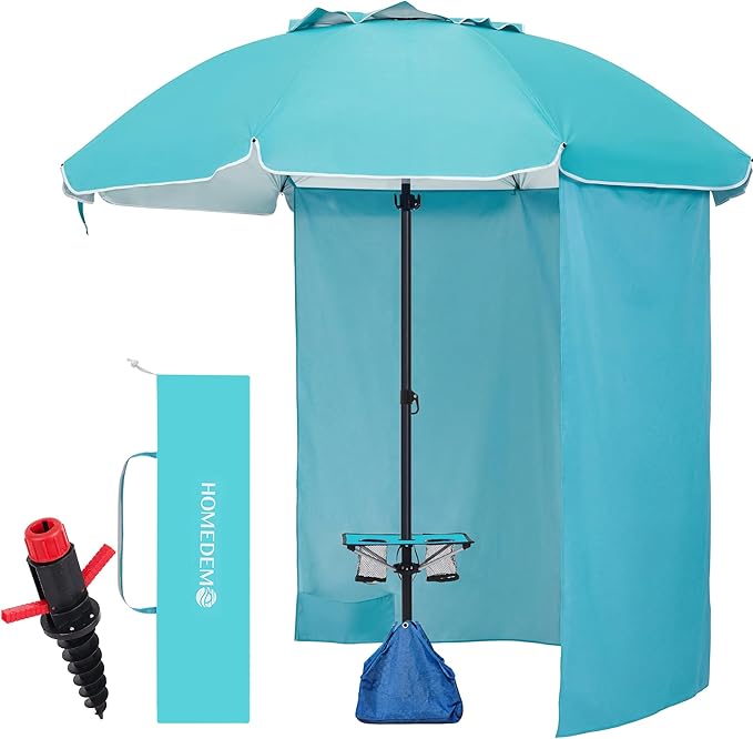 HOMEDEMO 8FT Large Beach Umbrella with Weight Bag & Sand Anchor, Outdoor Umbrellas with Adjustable Aluminum Pole and Table, Heavy Duty Windproof & UPF 50+