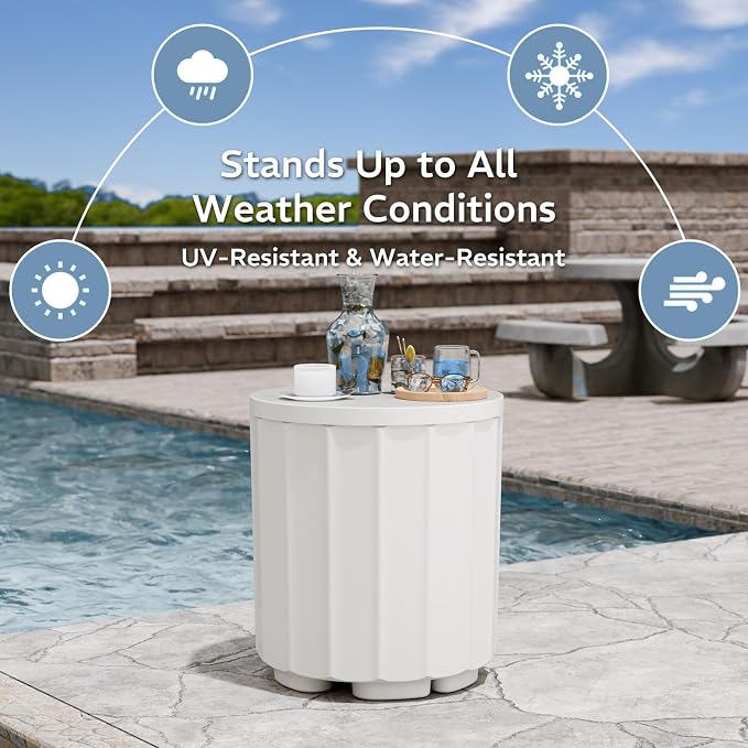 Outdoor Cooler Side Table, 2-in-1 Versatile Ice Cooler Table All-Weather Resistant, Broad Fluted Outdoor Accent Table with Hangable Lid for Patio Decor, Deck, BBQ, Beach, White