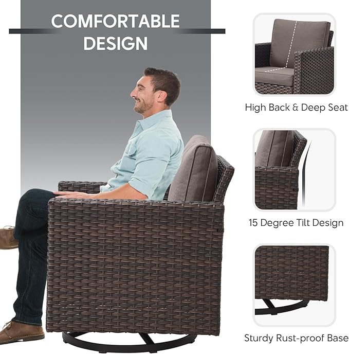 6 Piece Wicker Patio Furniture Set - Outdoor Swivel Rocker Chairs Set with Side Table, 3 Seat Sofa and Ottomans, Small Patio Conversation Sets Proch Furniture for Balcony Deck - Brown/Grey
