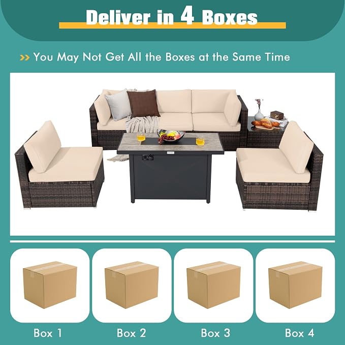 Tangkula 7 Piece Patio Furniture Set with Fire Pit Table, Includes 42 Inches 60,000 BTU Propane Rectangle Fire Pit Table and Protective Cover, Outdoor Cushioned Sectional Sofa Set for 5 (Beige)