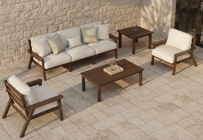 7 Piece Patio Conversation Sets, Outdoor Couch with Washable Thick Beige Cushions, HDPE Patio Furniture Set, Outdoor Sectional Furniture for Backyard, Deck, Lawn, Porch (Brown Frame)